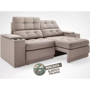 Sofá com Porta Copos e Carregador USB Eureka 1,70m Assento Retrátil e Reclinável Velosuede Bege - Image 6