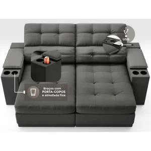 Sofá com Porta Copos e Carregador USB Eureka 1,70m Assento Retrátil e Reclinável Velosuede Cinza - Image 4