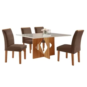 Conjunto Sala de Jantar Mesa Tampo Dakota Plus Vidro 120x80cm com 4 Cadeiras Laura Yescasa CinamomoOff WhiteSuede Animale