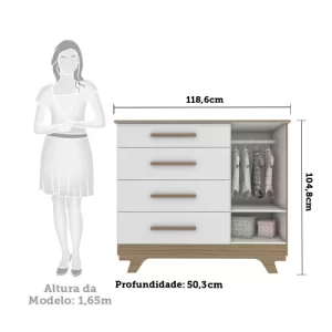 Cômoda Infantil 1 Porta 4 Gavetas em MDF Kakau Retrô Móveis Peroba Branco Brilho/Carvalho - Image 8