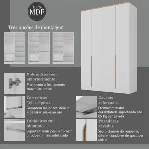 Guarda-Roupa Solteiro Logan 4 Portas 2 Gavetas Branco/Olmo Italiano - Image 2