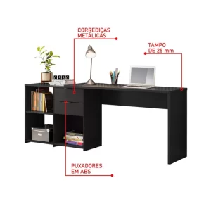 Mesa de Escritório em L 2 Gavetas 3 Nichos Office NT 2060 Preto Tx - Image 3