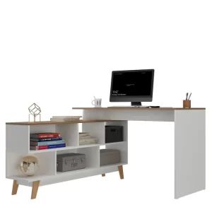 Mesa para Escritório Escrivaninha em L Retrô 136x120cm Branco/Nogal - Image 3