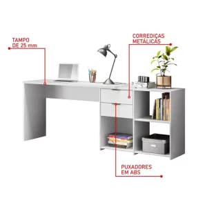 Mesa de Escritório em L 2 Gavetas 3 Nichos Office NT 2060 Branco New - Image 4