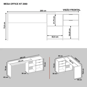 Mesa de Escritório em L 2 Gavetas 3 Nichos Office NT 2060 Branco New - Image 3
