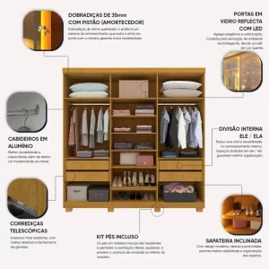 Guarda-roupa Casal 6 Portas com 6 Portas Reflecta com Pés com Led Imperatriz 100% MDF Naturale - Image 6