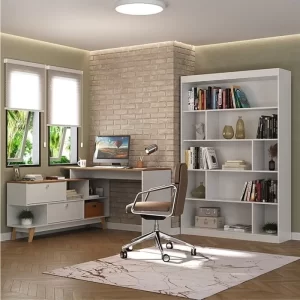 Mesa para Escritório Escrivaninha em L Retrô 136x120cm Branco/Nogal - Image 4