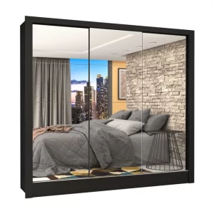 Guarda Roupa Casal 3 Portas com Espelho Porto Premium Espresso Móveis Preto - Image 3