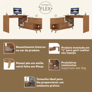 Mesa para Escritório Escrivaninha em L Retrô 136x120cm Espresso Móveis Nogal - Image 3