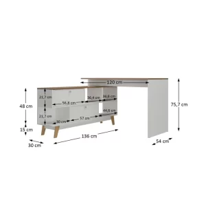 Mesa para Escritório Escrivaninha em L Retrô 136x120cm Branco/Nogal - Image 2