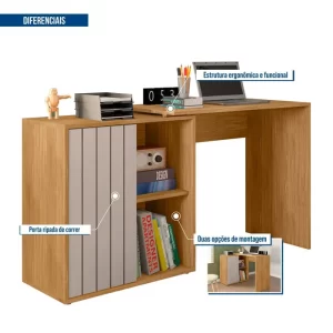 Escrivaninha para Escritório com 1 Porta Ripada Start Buriti/Fendi - Image 4